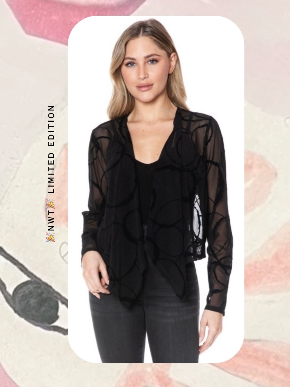 🎉NWT Black sheer open cardigan with velvet circle print